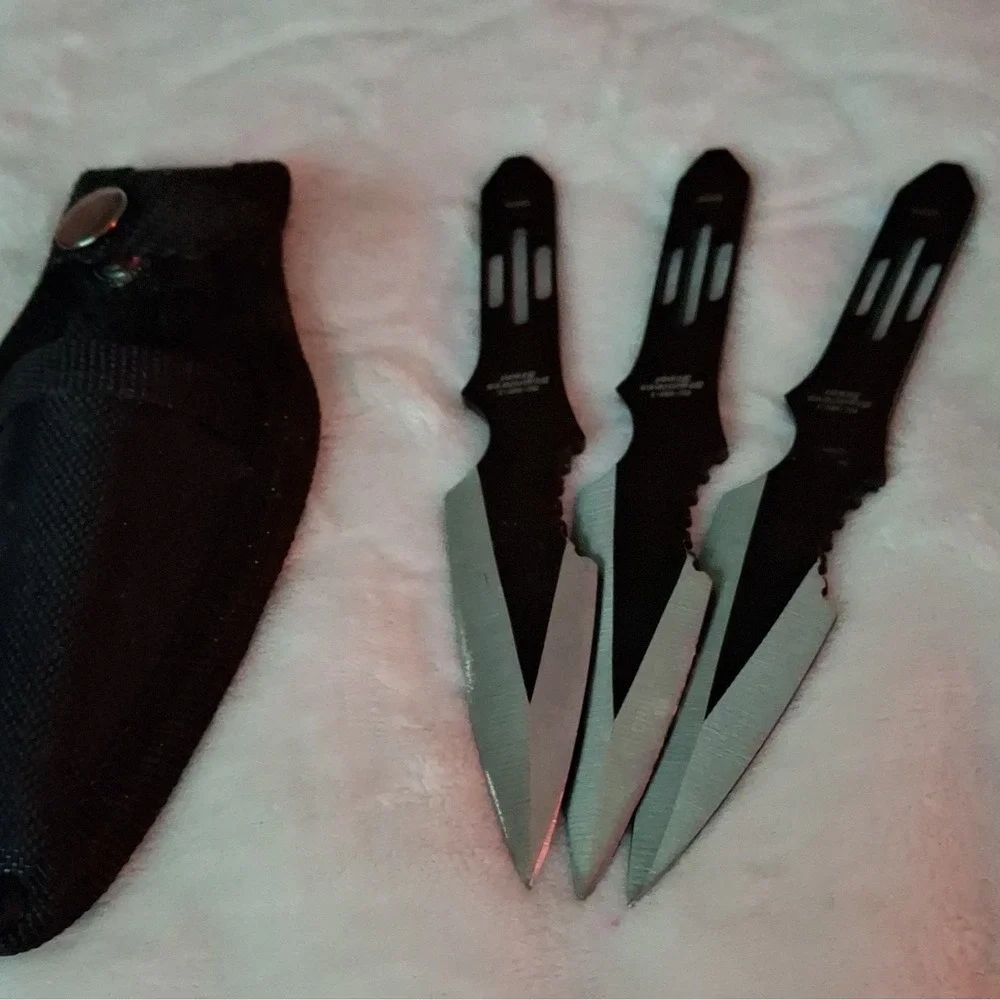 3pc Black Stainless Steel Throwing Knife Set, Spear Point, Full Tang, Sheath